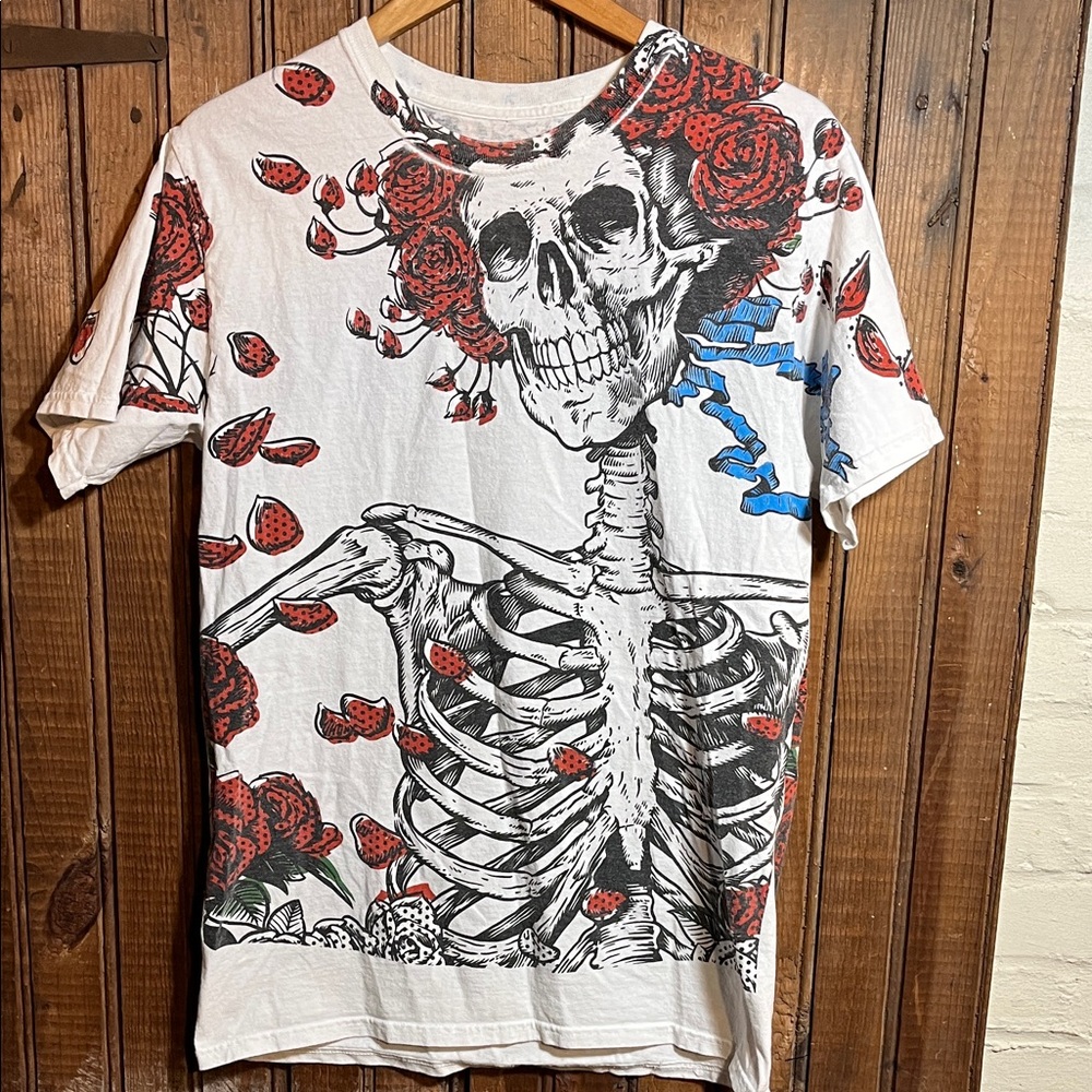 Liquid Blue Woodcut Bertha Skeleton and Roses T-Shirt - White, Red, and Blue